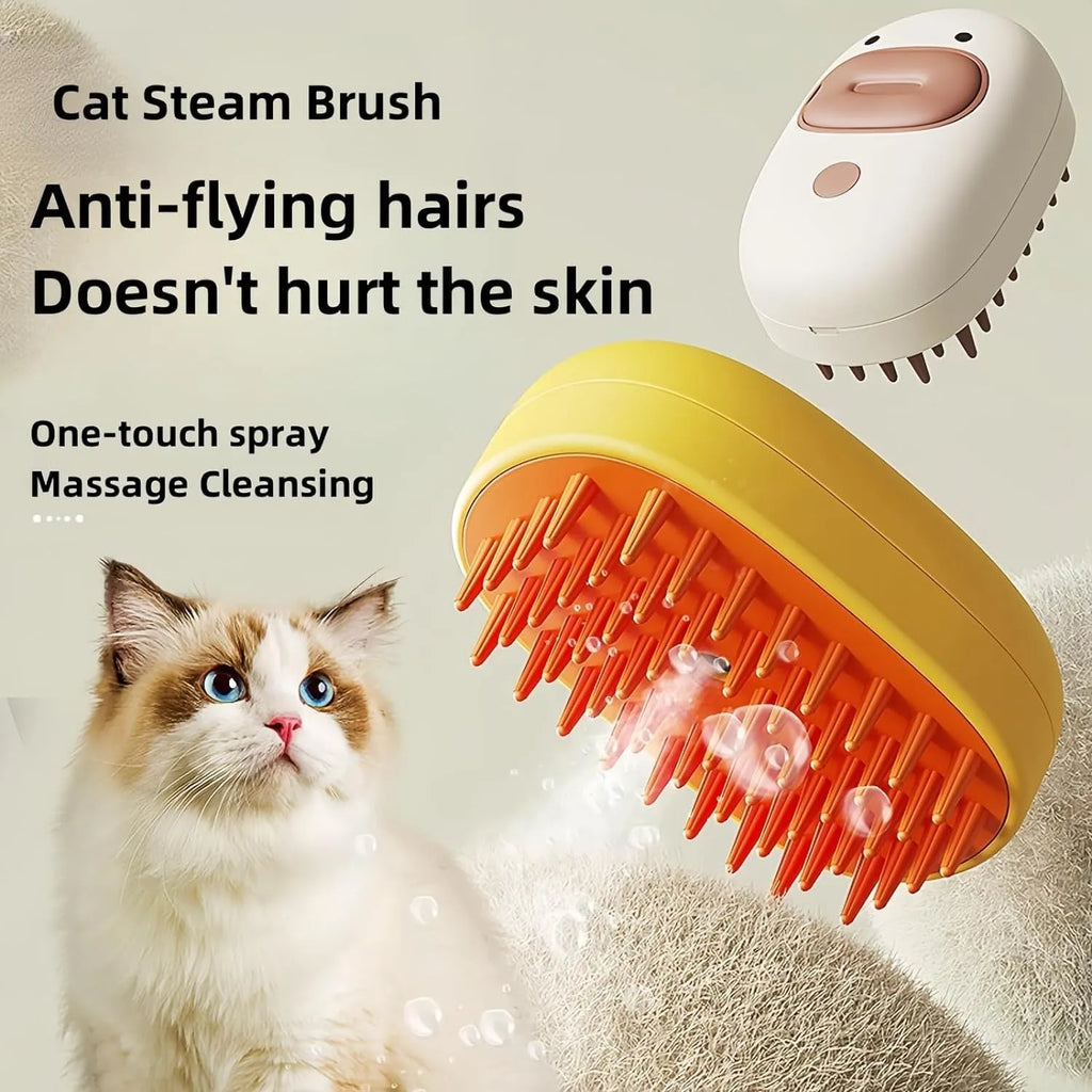 White and yellow rechargeable pet steam brush with rubber comb teeth and water tank.