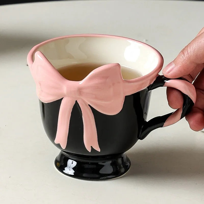 Ceramic heart bow mug in black pink or white powder with 301-400ml capacity