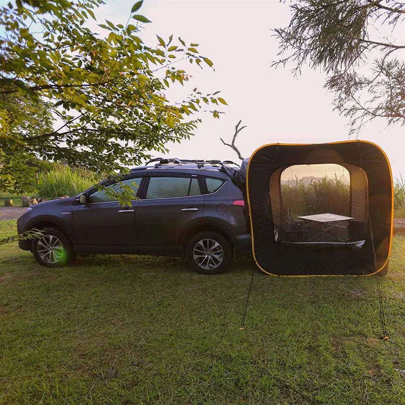 Black pop-up outdoor camping car tail tent unfolded to 200cm dimensions with quick account throw design