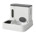 Grey automatic cat feeder and water dispenser unit with two bowls.