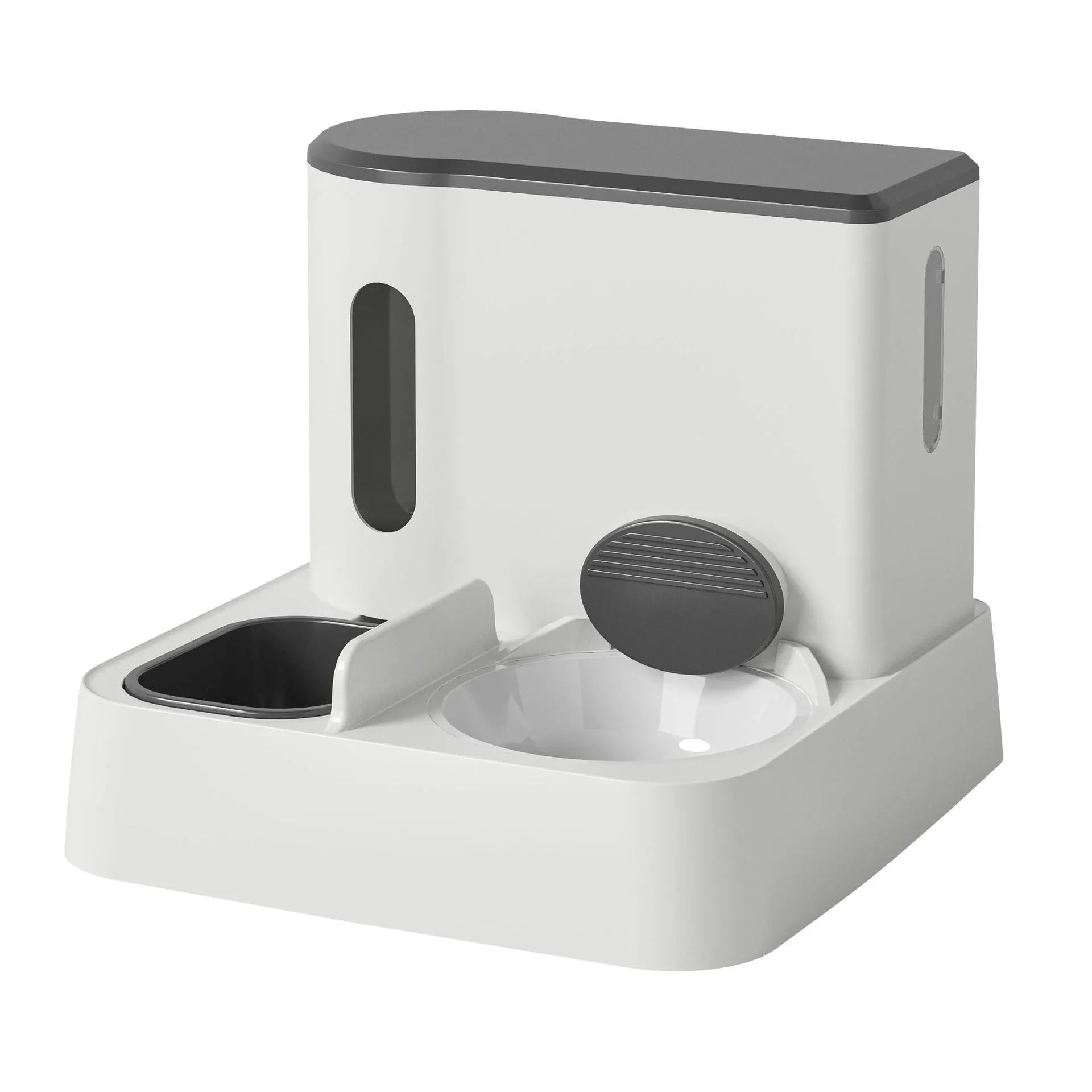 Grey automatic cat feeder and water dispenser unit with two bowls.