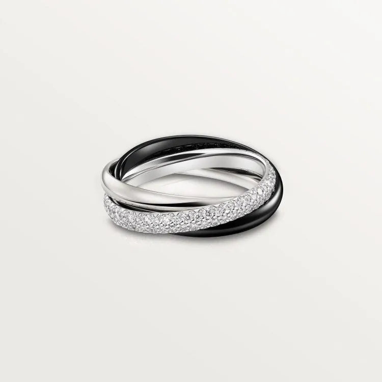 Silver geometric U-shaped couple wedding rings with full diamond setting option