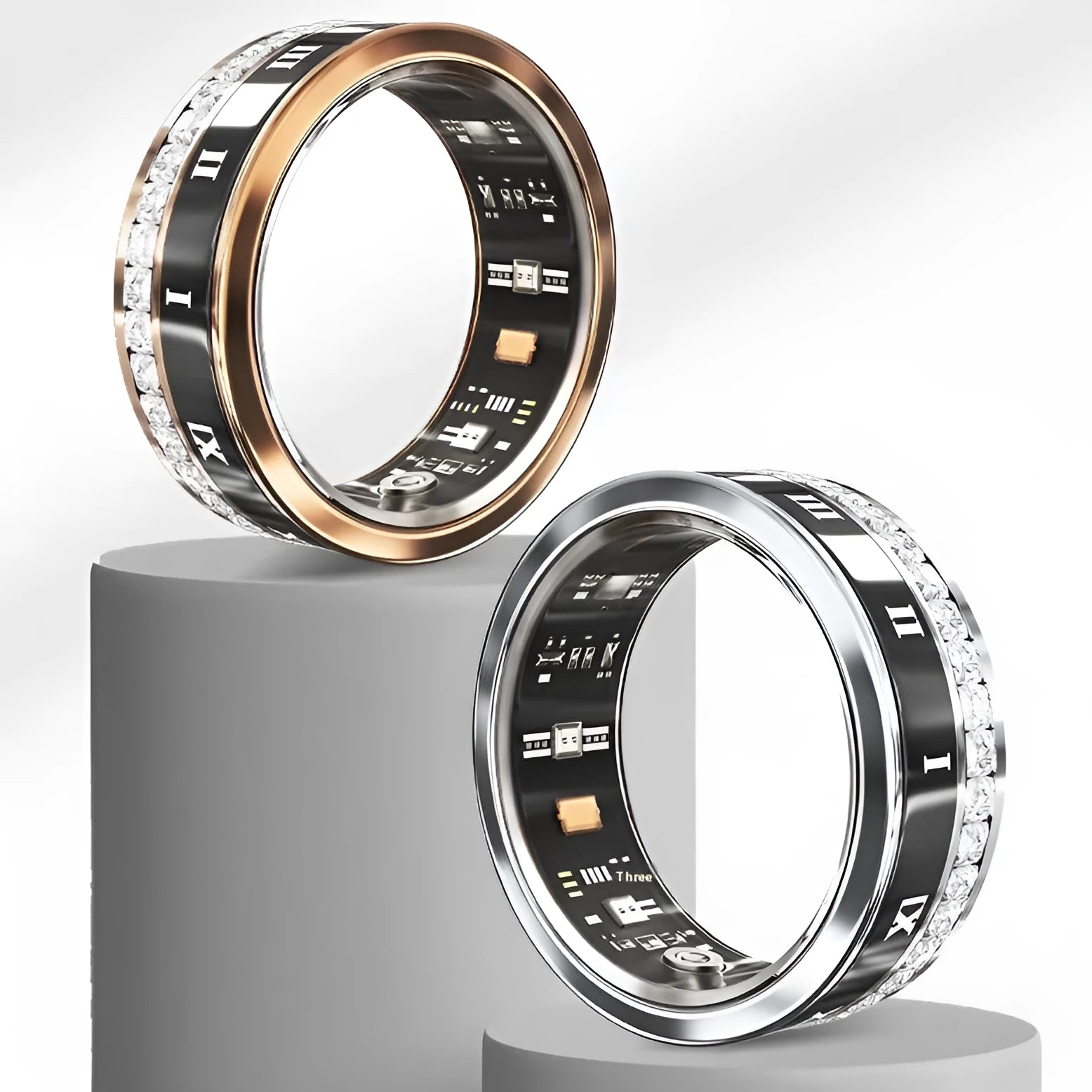 Silver and gold smart ring with health tracking features including blood oxygen monitoring