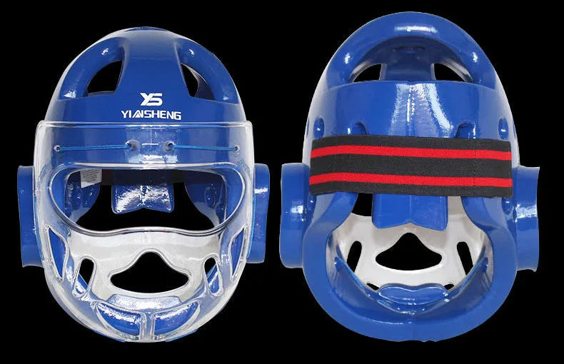 Karate helmet protective equipment in white, blue and red colours with multiple size options