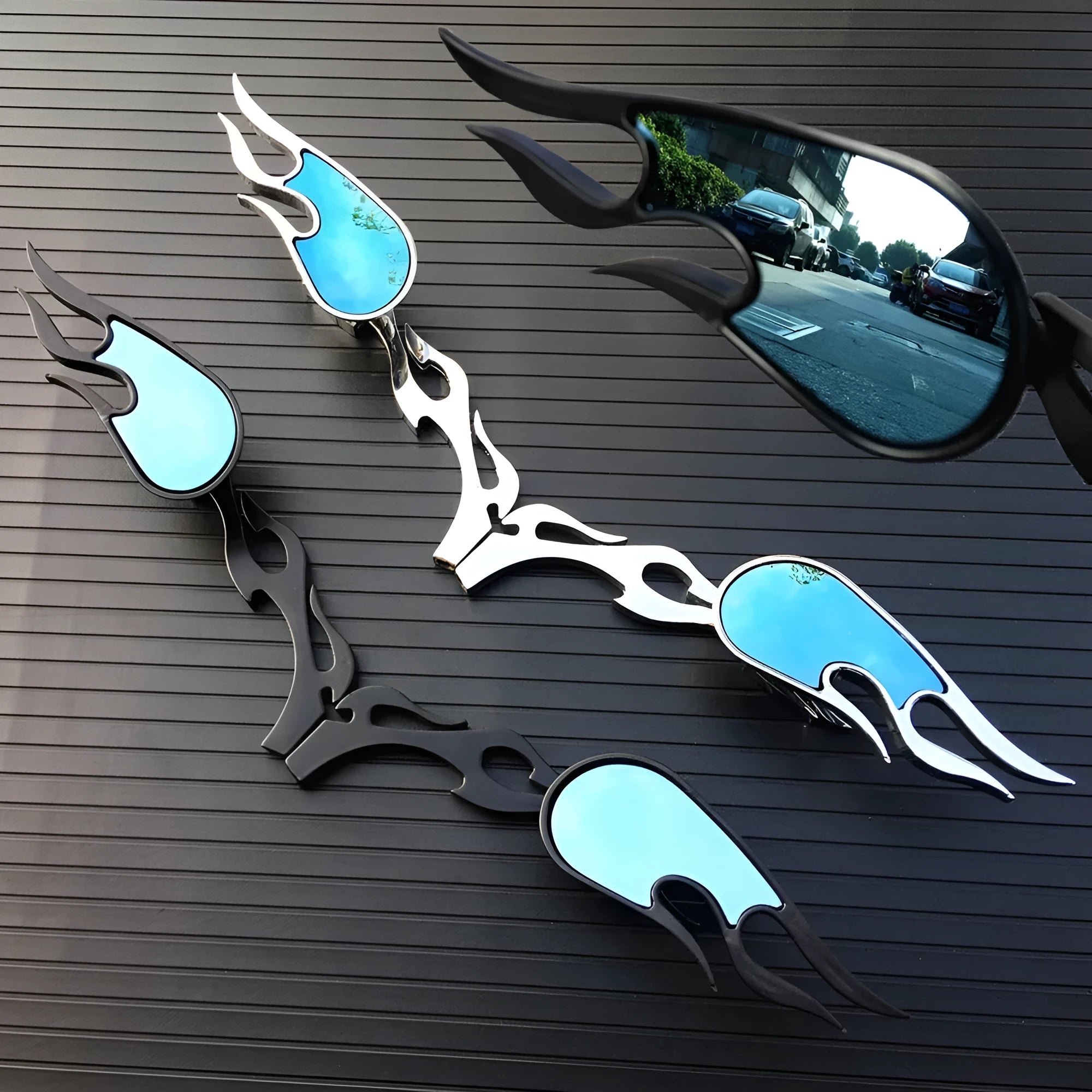 Black convex blue plated rearview mirror on vehicle door with 16cm rod and 8x4cm lens