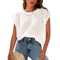 White loose pullover sweater with crochet detail on the sleeves, round neck.