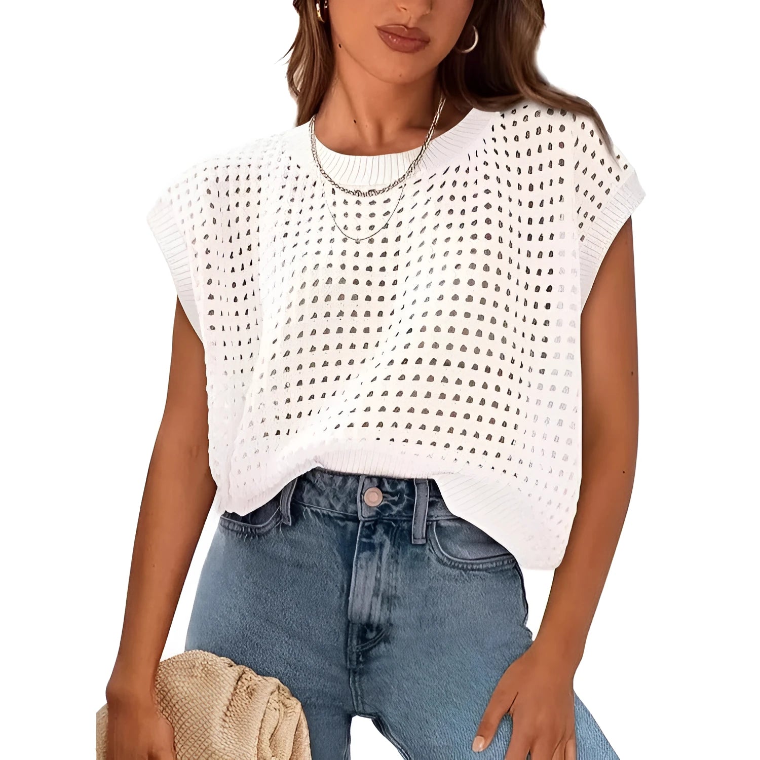 White loose pullover sweater with crochet detail on the sleeves, round neck.