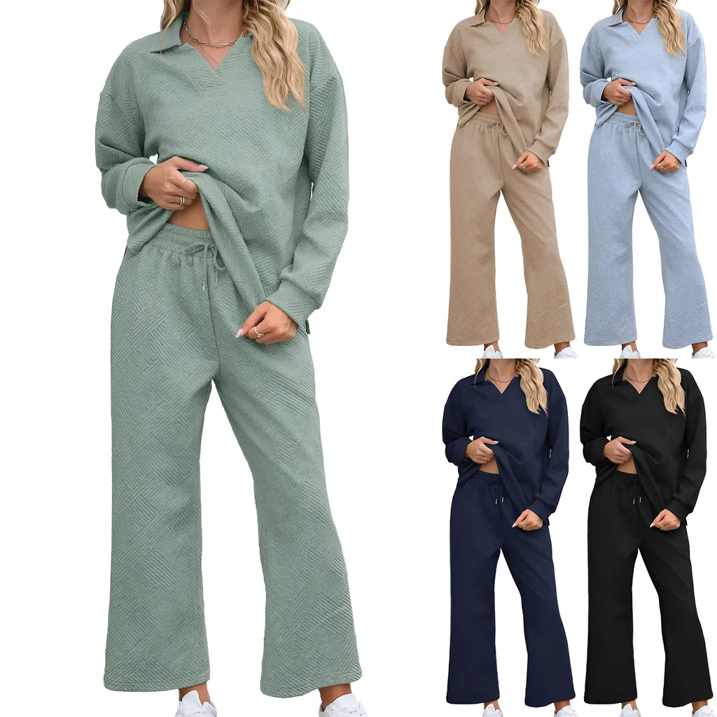 Women's solid colour knitted rayon suit set with long sleeve top and elastic waist cropped pants.