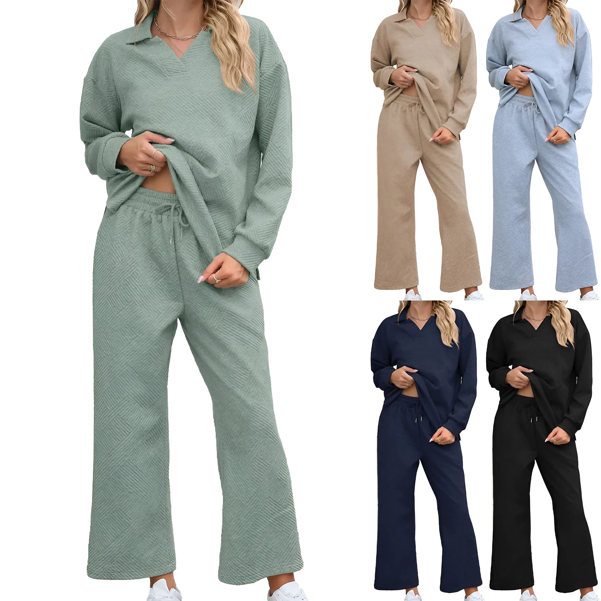 Women's solid colour knitted rayon suit set with long sleeve top and elastic waist cropped pants.