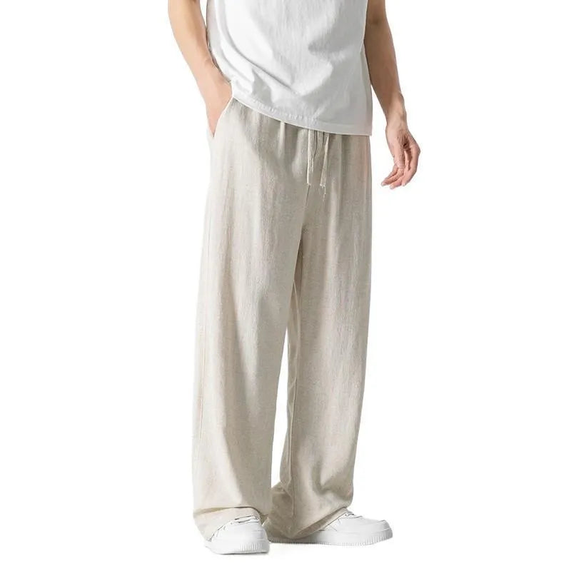 Men's bamboo linen straight-leg trousers in cropped length with drawstring waist