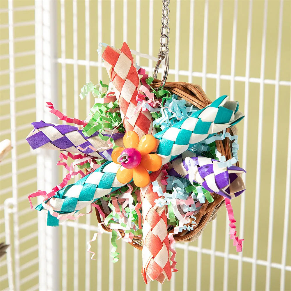 Three-piece parrot gnawing molar chew toy set with hanging attachments for cage mounting