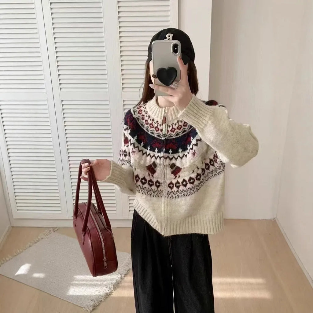 Ethnic jacquard pullover sweater with 3D pattern in loose fit, shown in beige apricot colour with round neck and long sleeves