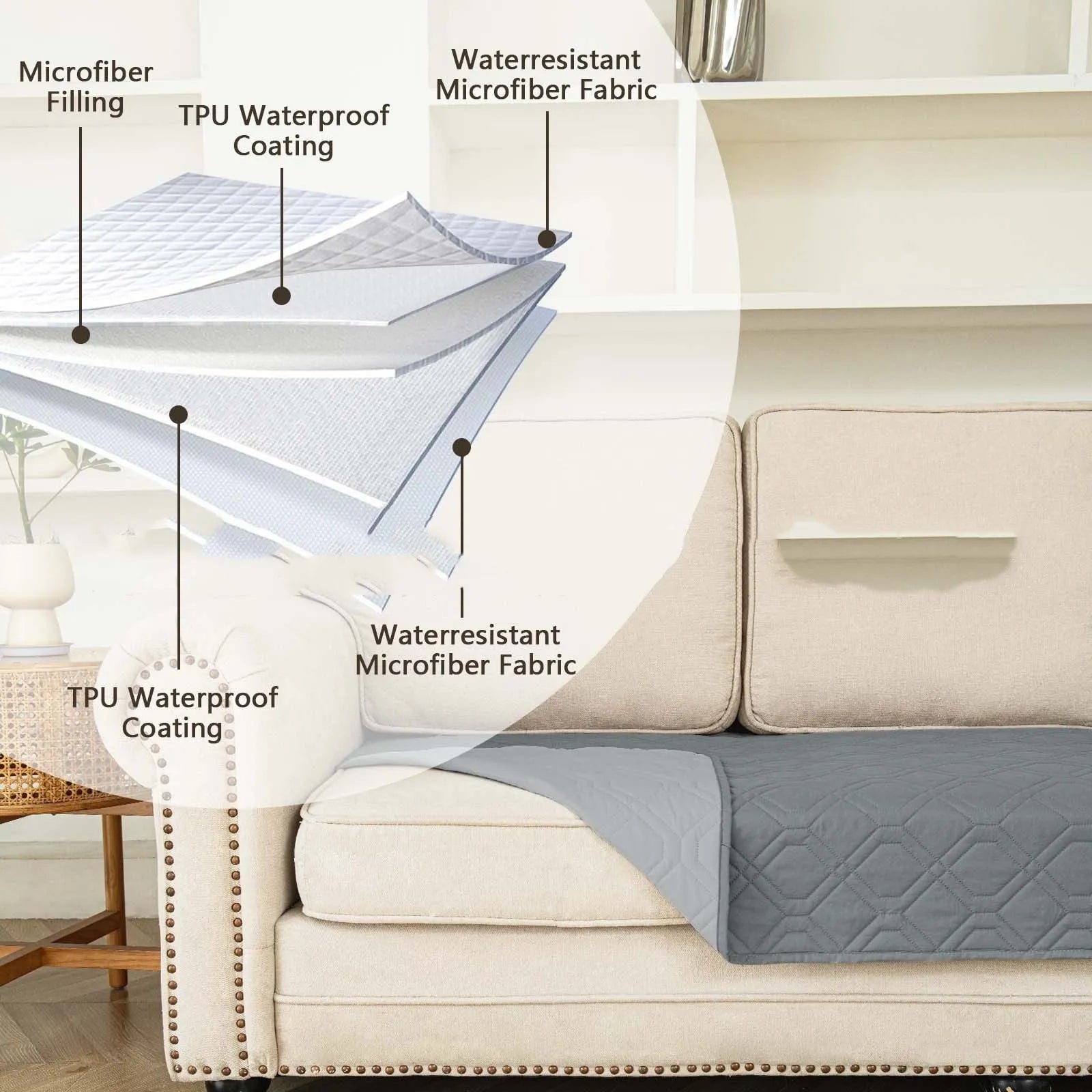 Double-sided waterproof pet sofa cushion showing reversible contrast colours in two colour options