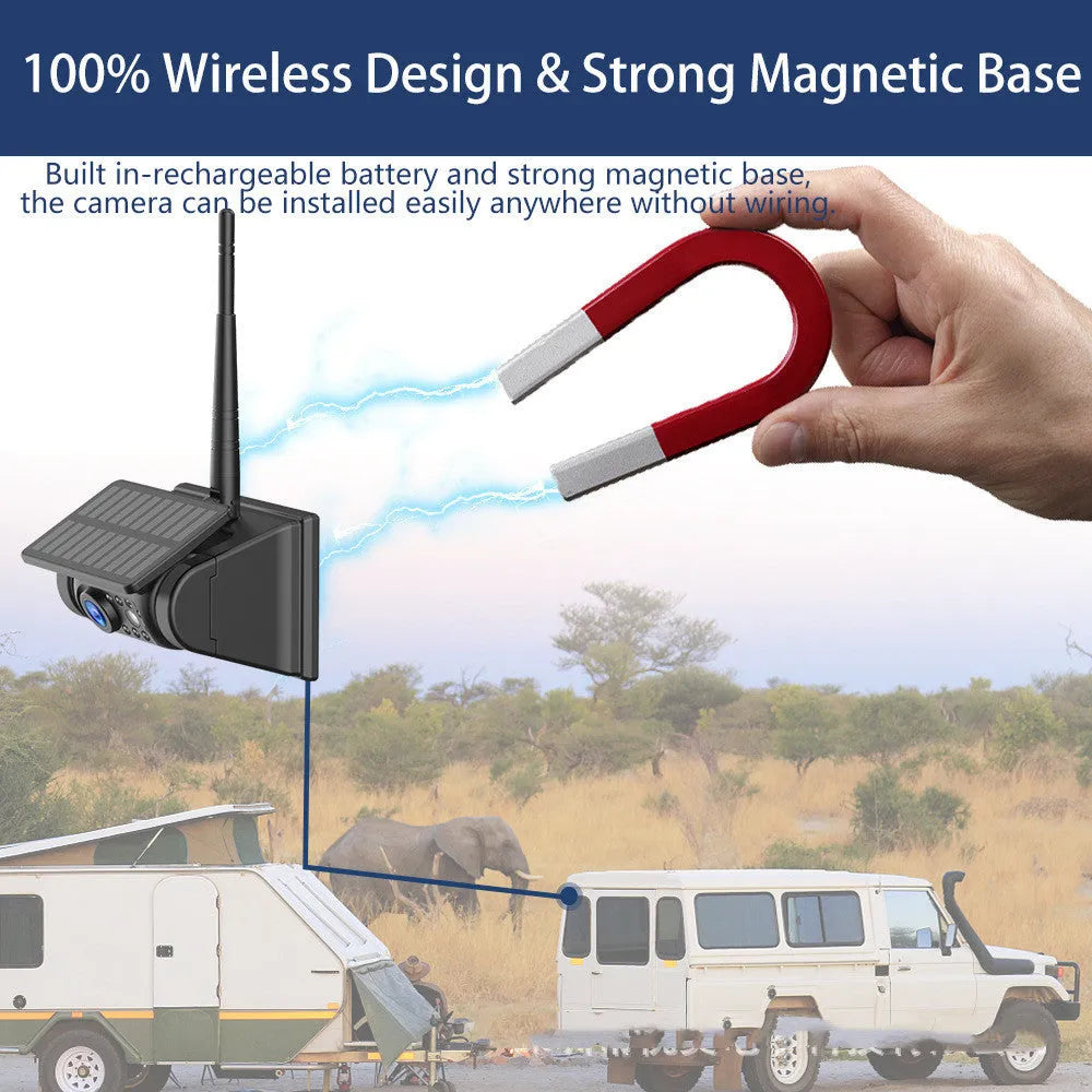 Solar-powered wireless reversing camera with magnetic mount, shown in black.