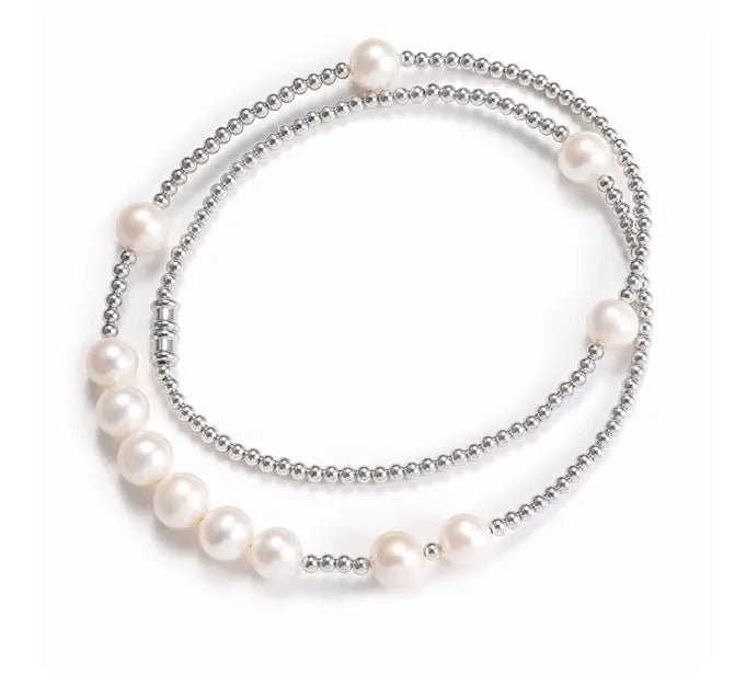 Unisex pearl necklace with bead on 51cm chain, silver spacer