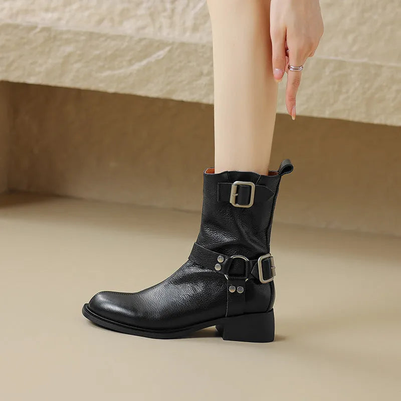 Women's genuine leather chunky heel short boots in black, side view