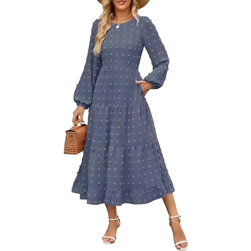 Beige casual long sleeve dress with ruffled sleeves, high waist, and round neck