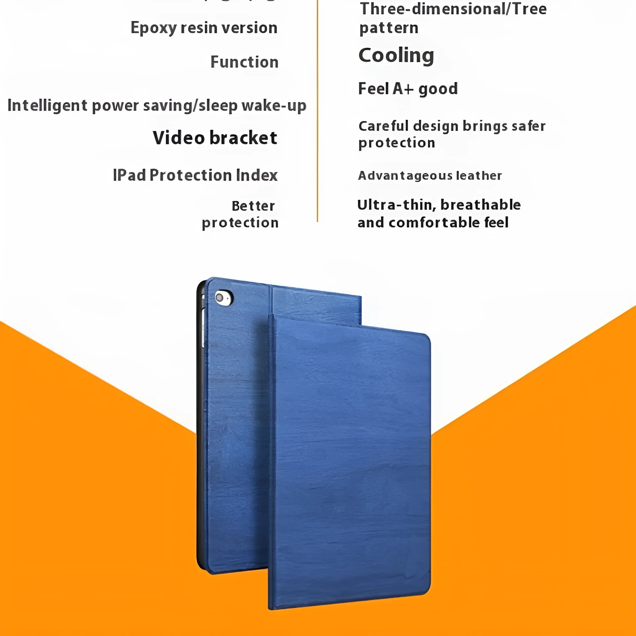 Sapphire blue imitation leather iPad cover with integrated sleep bracket standing upright.