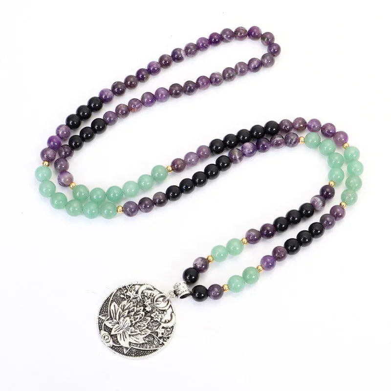 Yoga pendant necklace and matching bracelet with stone beads and geometric alloy pendant design
