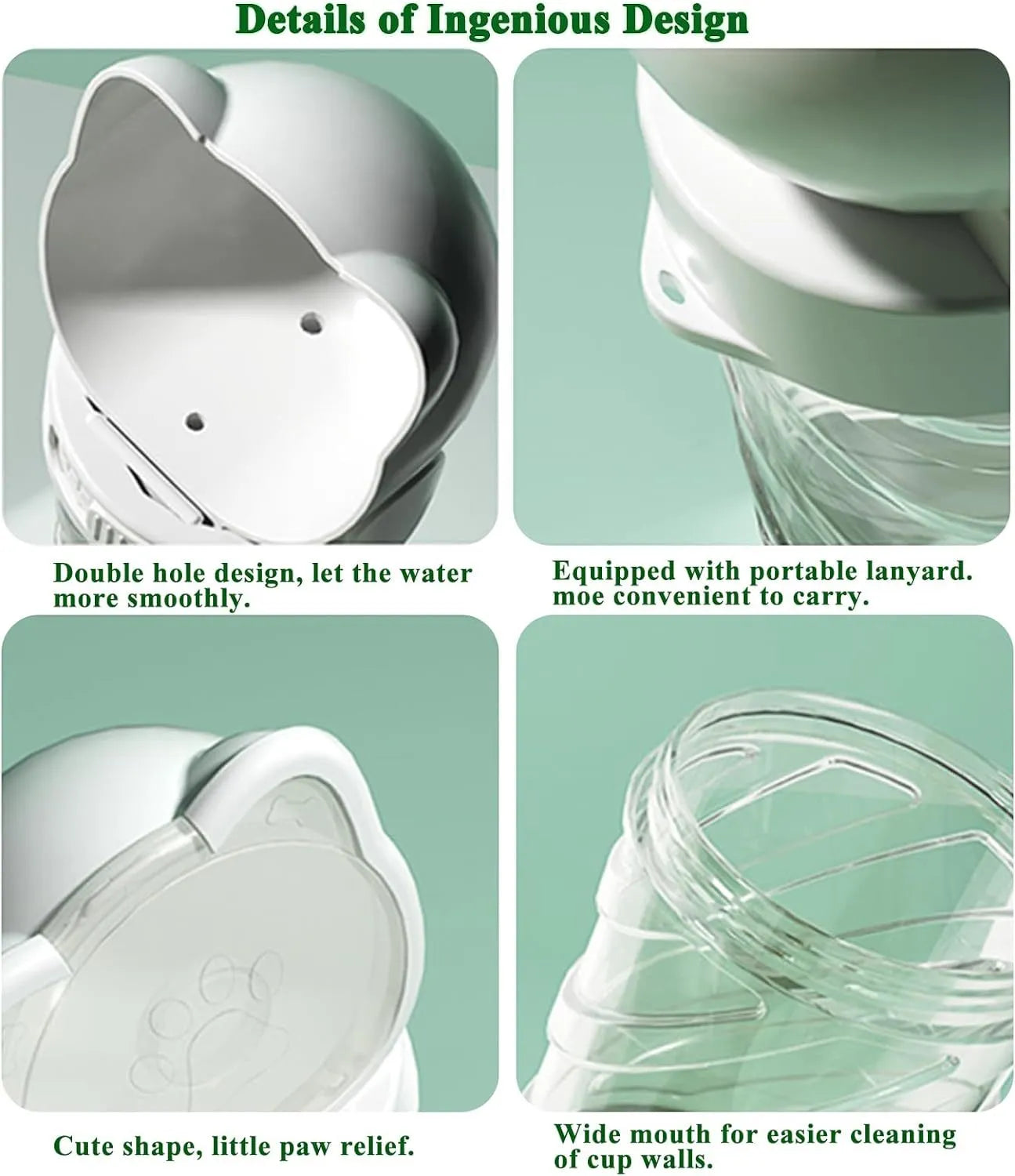 Green 3-in-1 portable pet water bottle with food pot and waste bag dispenser attached to a hand strap.