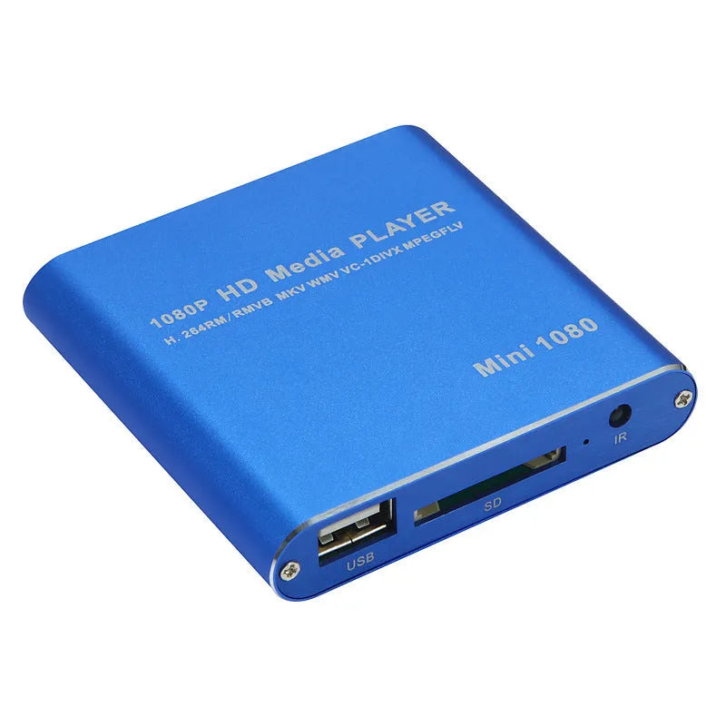 Compact black or blue 1080p Full HD media player with HDMI port, SD card slot and USB input