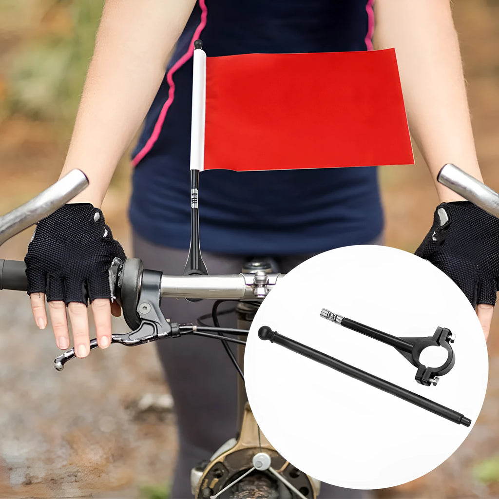 Square polyester car flag on plastic handlebar flagpole for bicycle mounting