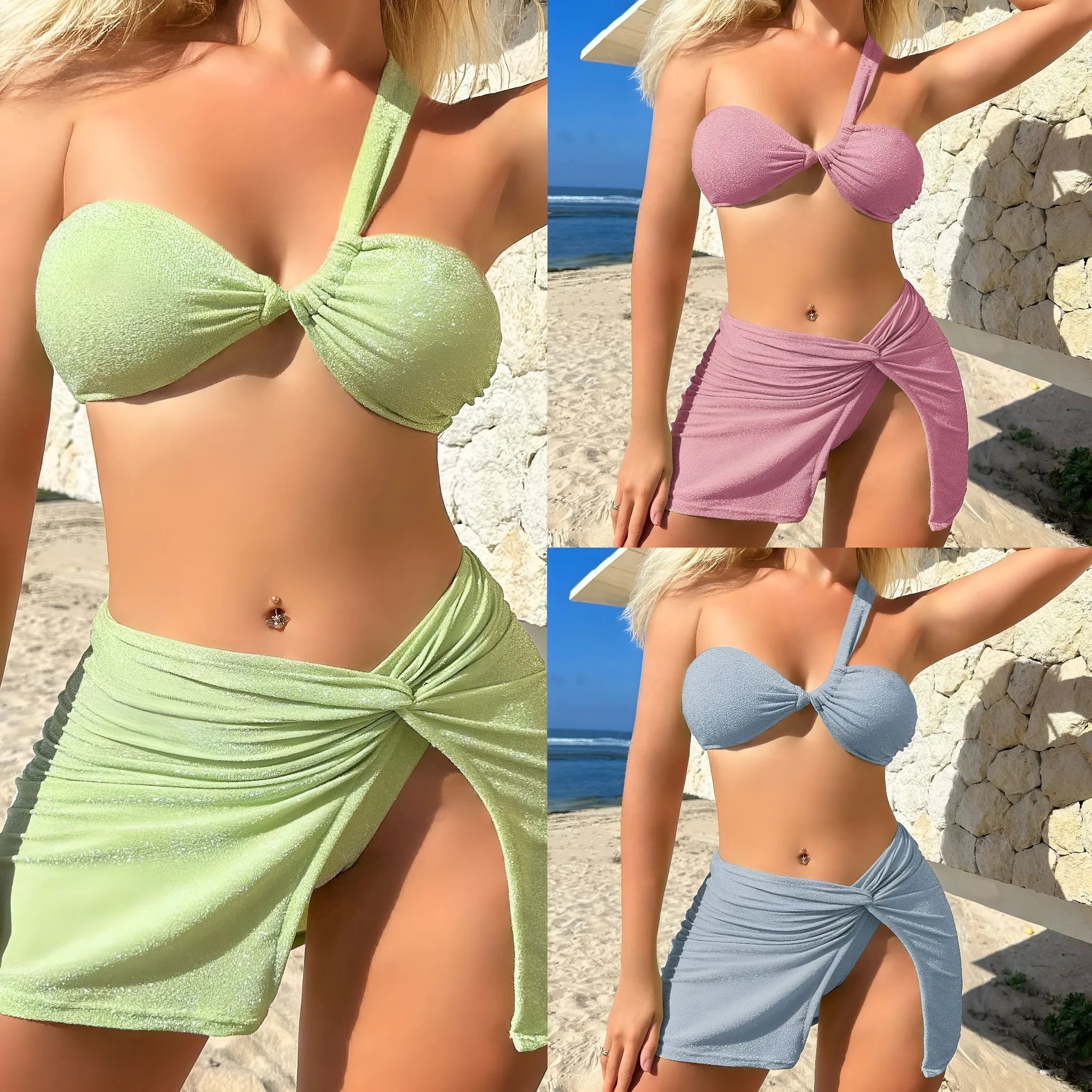 Women's one-shoulder three-piece swimsuit set in glossy polyester fabric