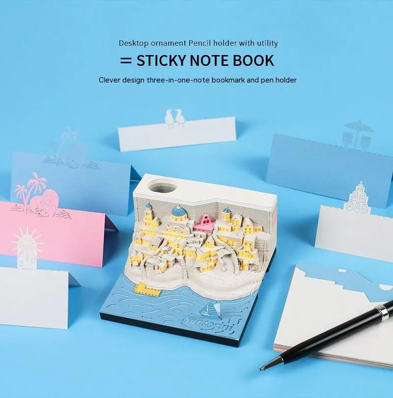 Romantic Santorini 3D notepad paper carving building model with lighting on desk