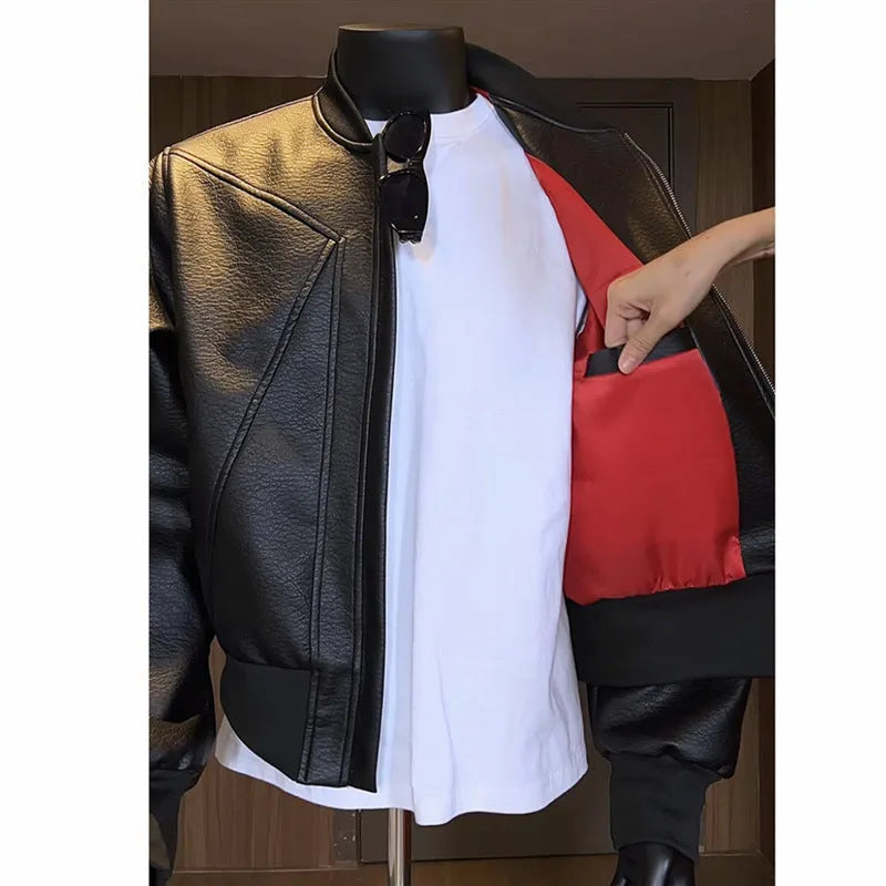 Men's black PU litchi grain leather jacket with extended 100cm length and tight fit