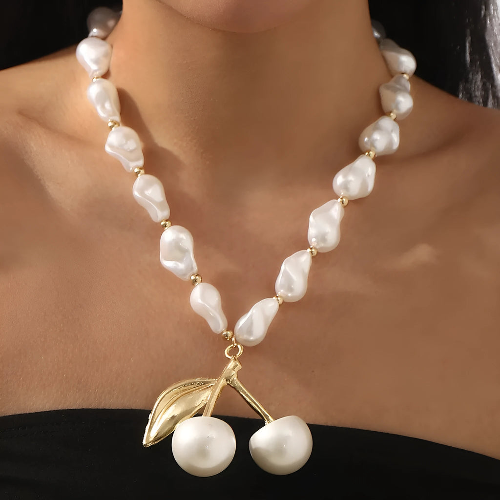 Gold electroplated alloy fruit necklace with pearl chain adjustable from 51cm to 60cm