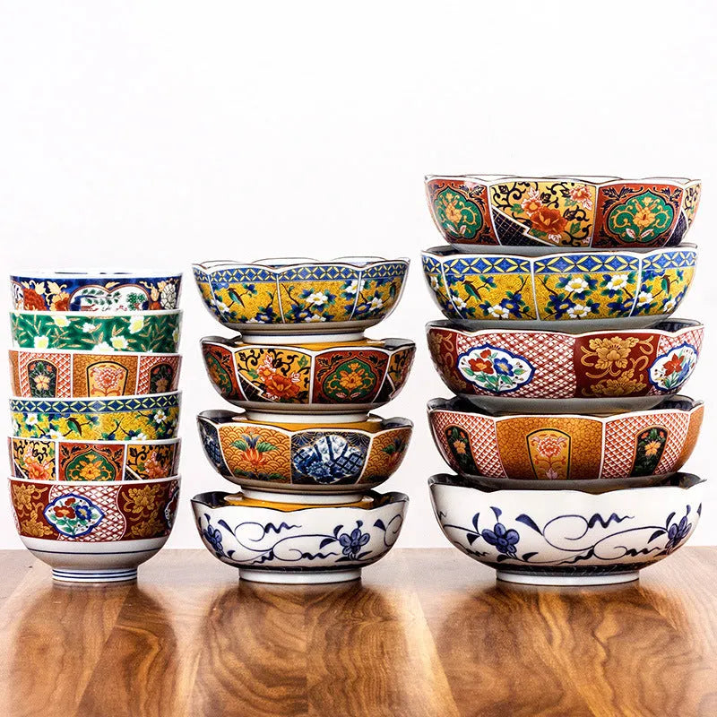 4-inch Japanese style porcelain bowl with retro floral pattern in golden peony design