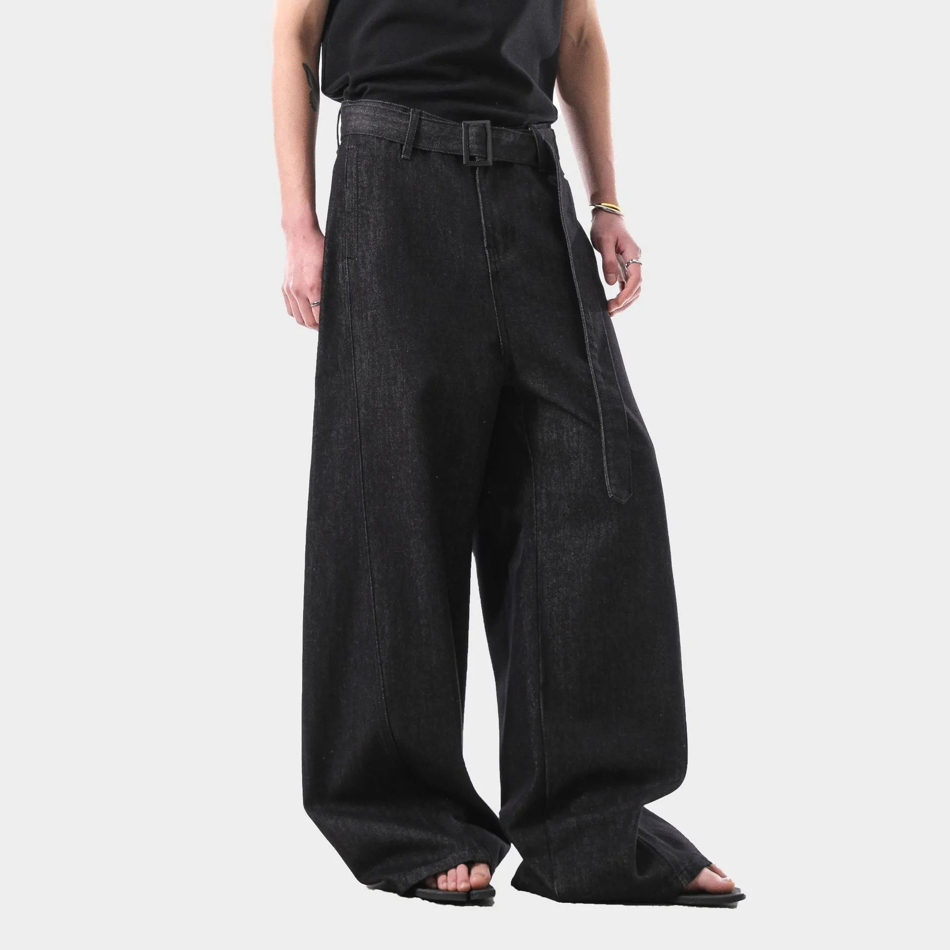 Black high waist straight leg jeans with gold accents and retro American styling details