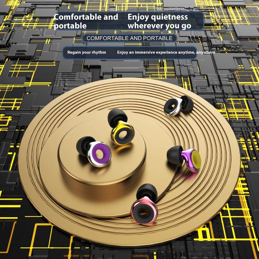 Noise reduction sleep earplugs in gold, silver, transparent, purple, and rose gold colours with storage box