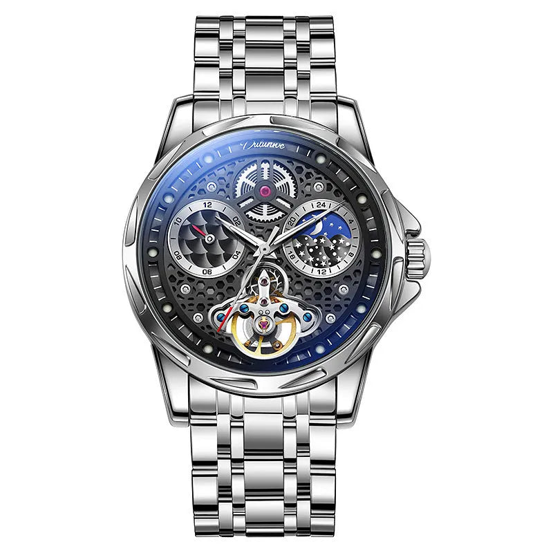 Men's automatic waterproof watch with luminous hands on a steel bracelet, showing a black dial in a 13mm thick case.