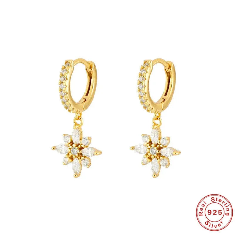 Sterling silver diamond snowflake pendant earrings with gemstone inlay in gold colour finishes