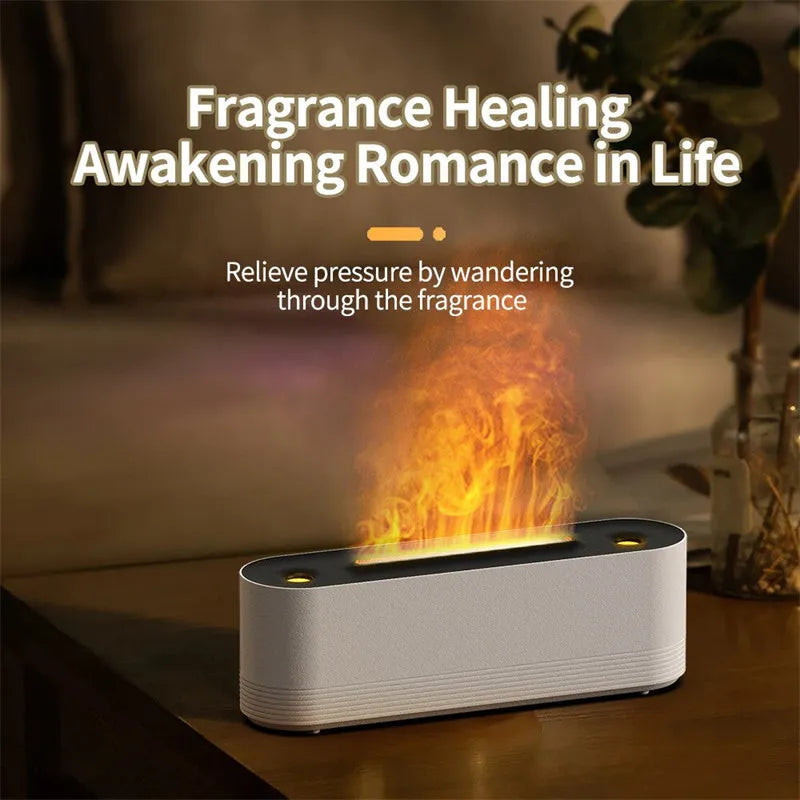Black Flame Air ultrasonic humidifier diffuser emitting cool mist with a multi-colour LED flame light effect at its base.