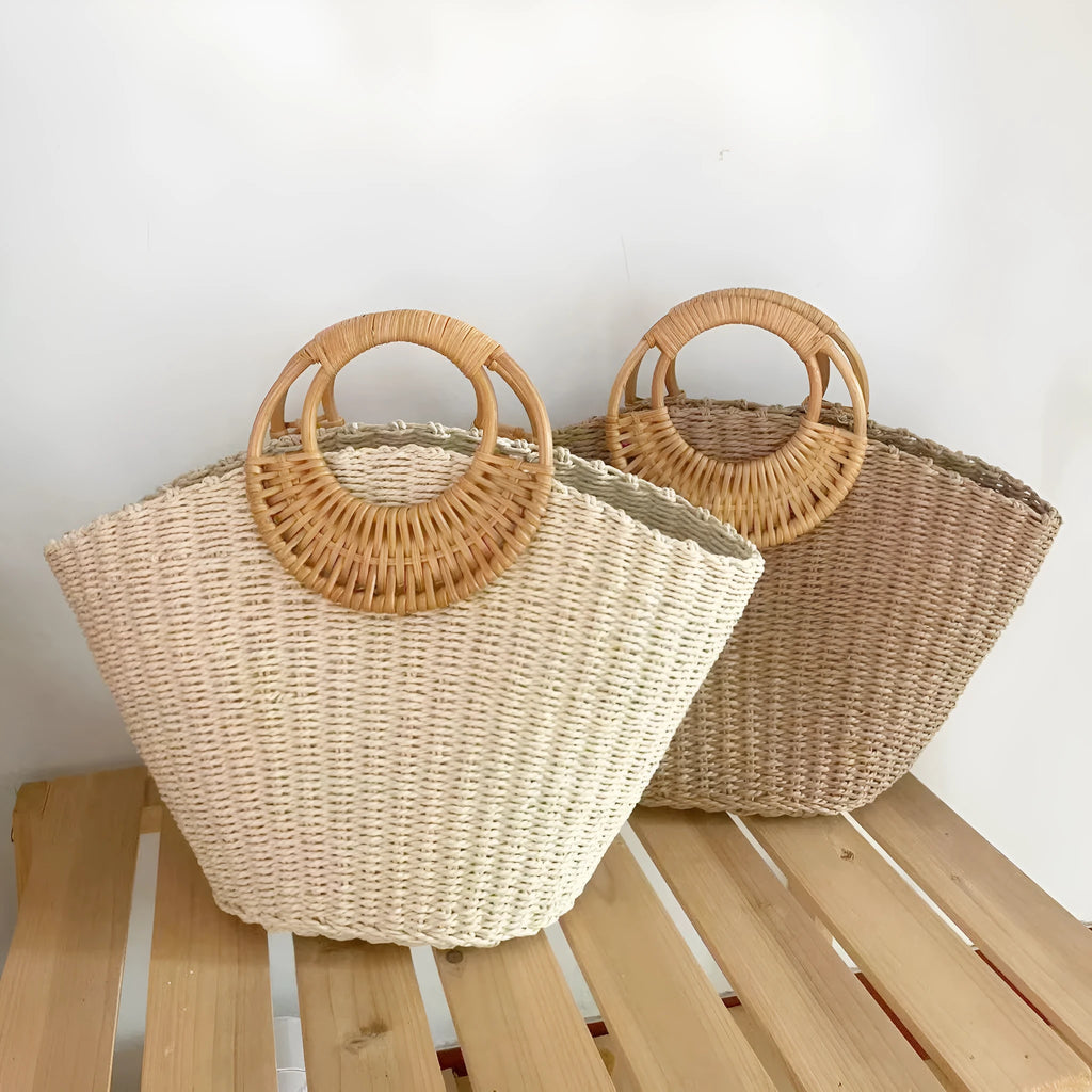 Women's straw weave beach resort bag open top satchel 44cm camel colour retro style