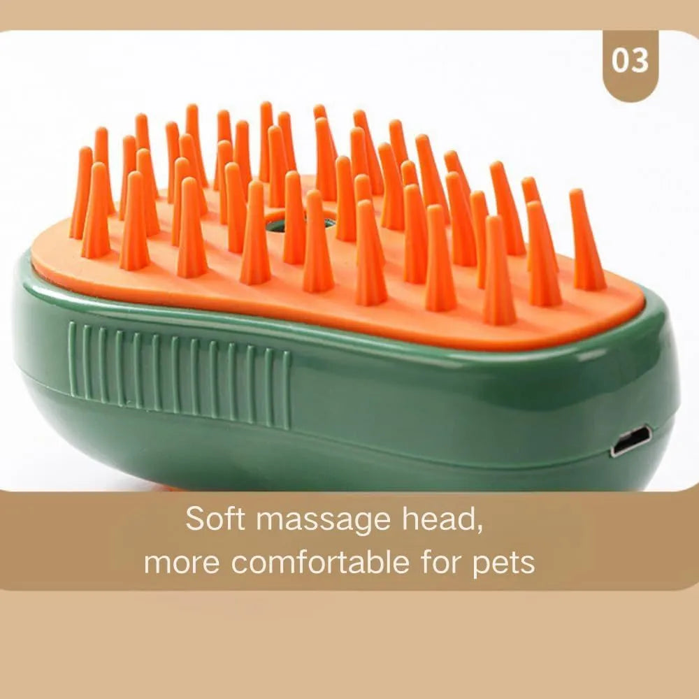 Green and white cat steam brush with water spray system and silicone teeth for pet grooming