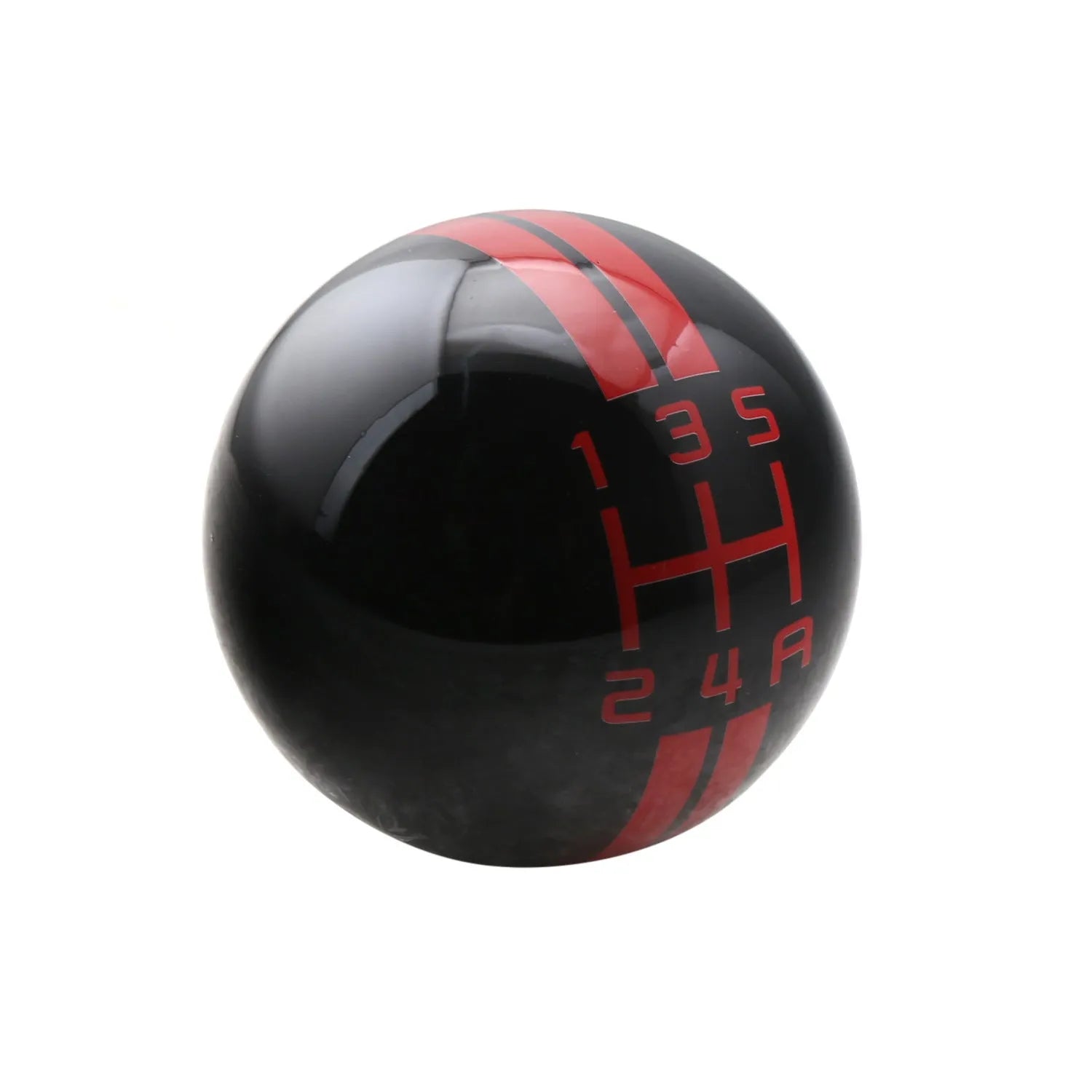 Universal manual car gear knob with 5-gear pattern on black acrylic ball with red lettering