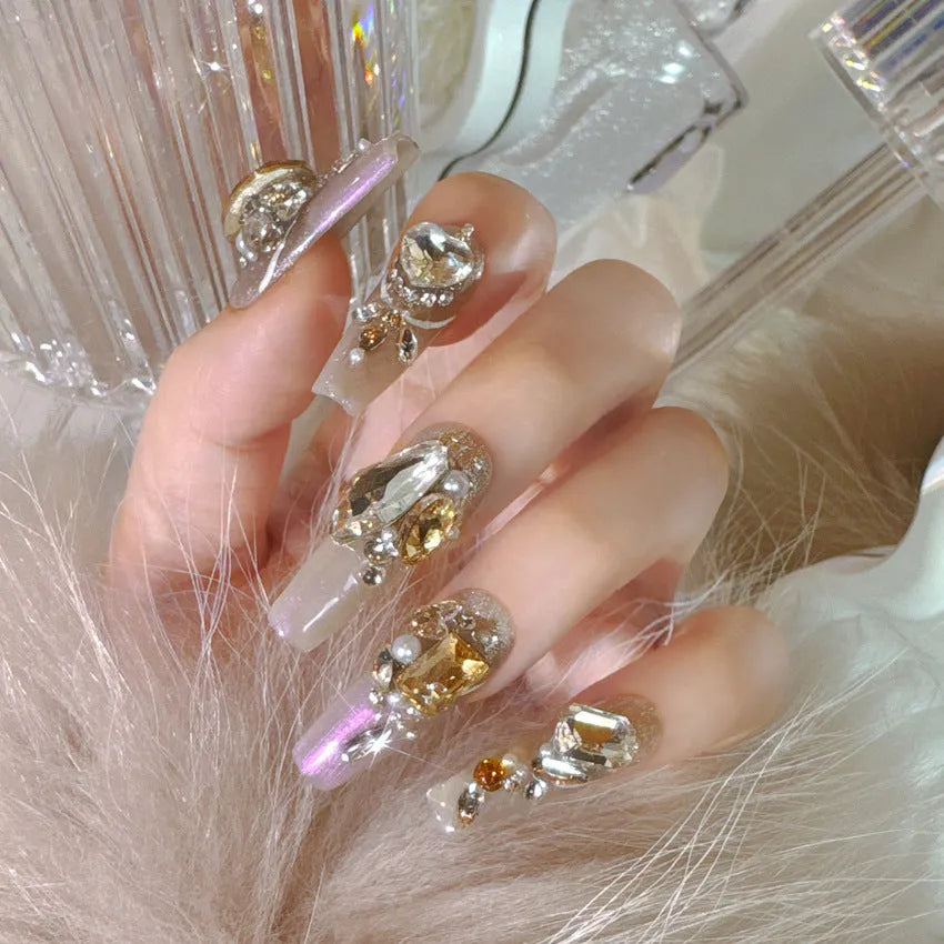 Luxury rhinestone false nail set with phototherapy sealing in card packaging