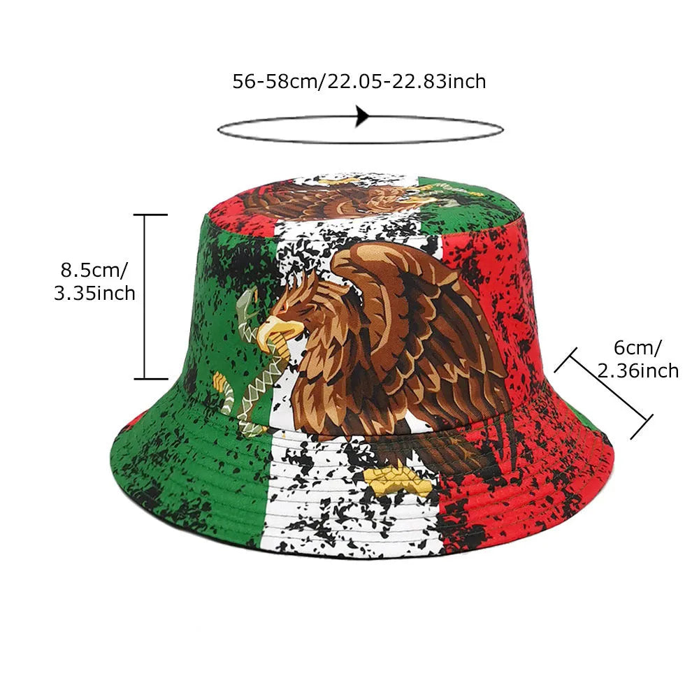 Retro-style polyester bucket hat featuring a large eagle pattern print on the crown.
