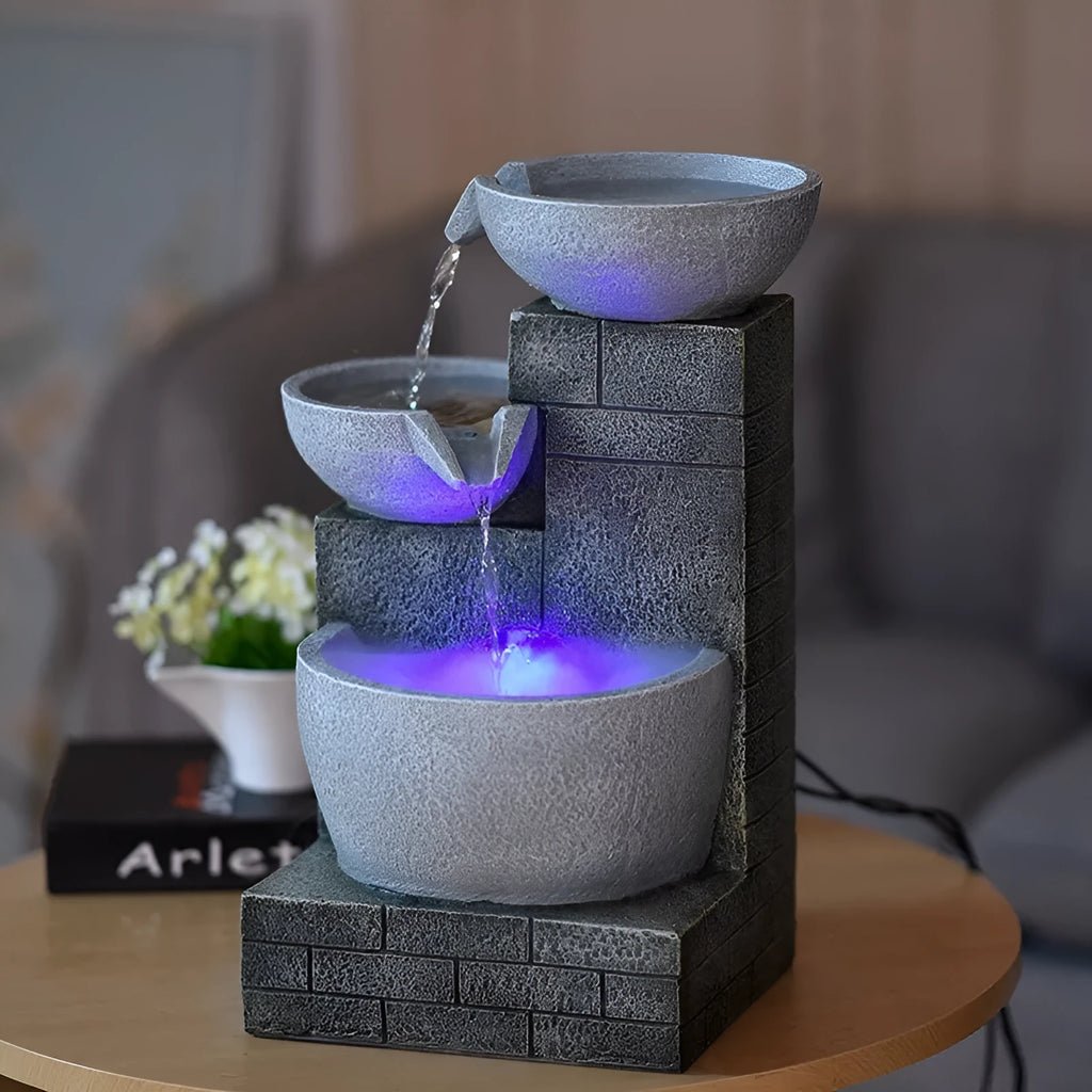 Light grey desktop fountain humidifier with hand-painted resin waterscape and atomizer, 25x21x43cm