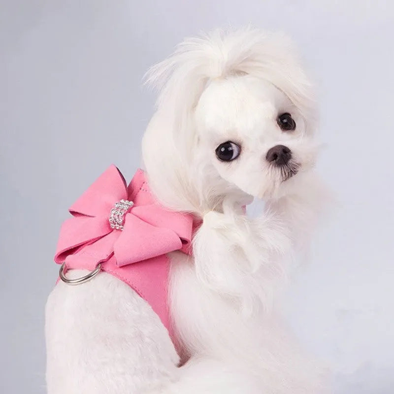 Bowknot dog chest strap harness in pink, blue, or orange colours with microfiber material and S/M/L/XL sizing