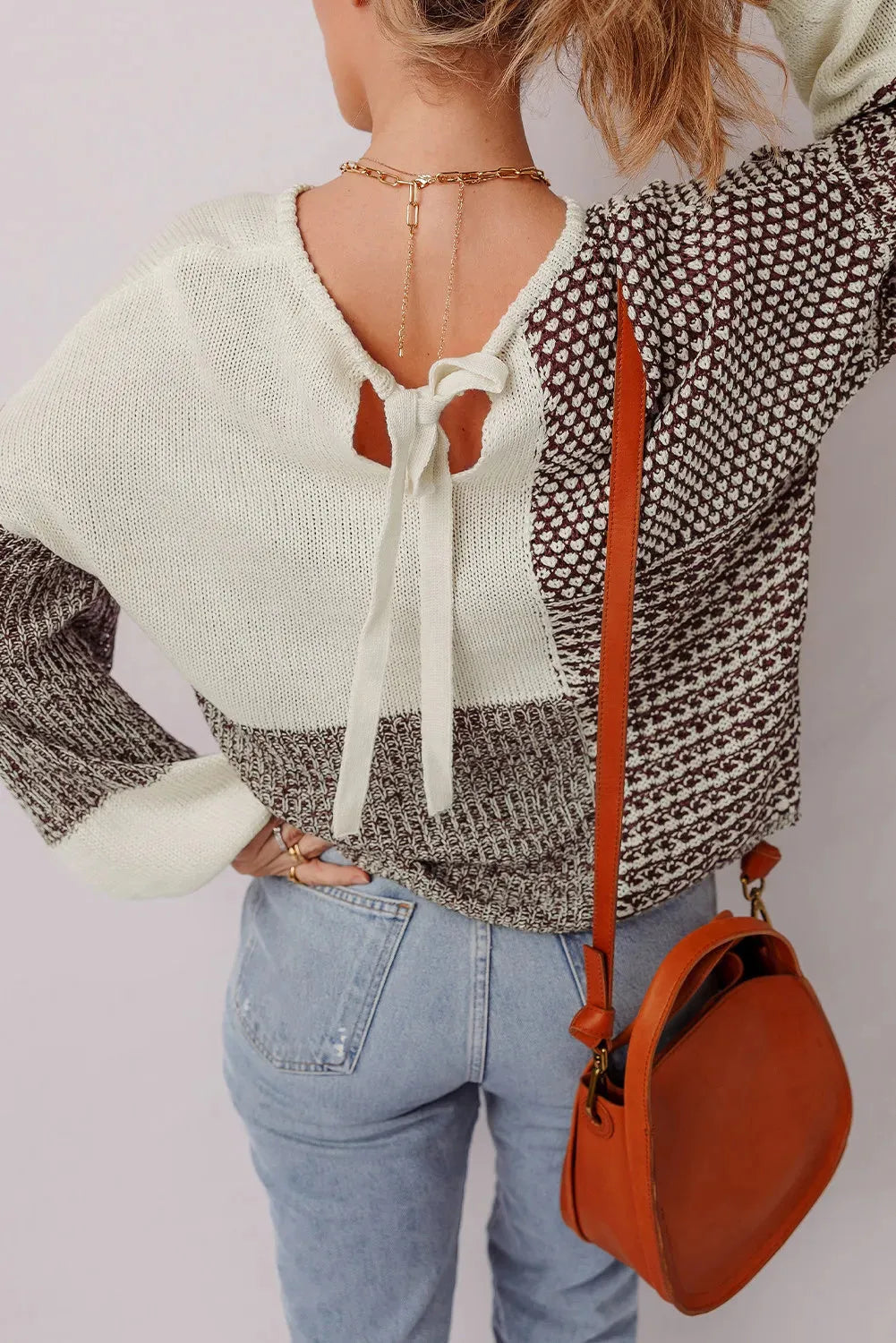 Dark khaki colour block loose sweater with back tie and drop shoulders