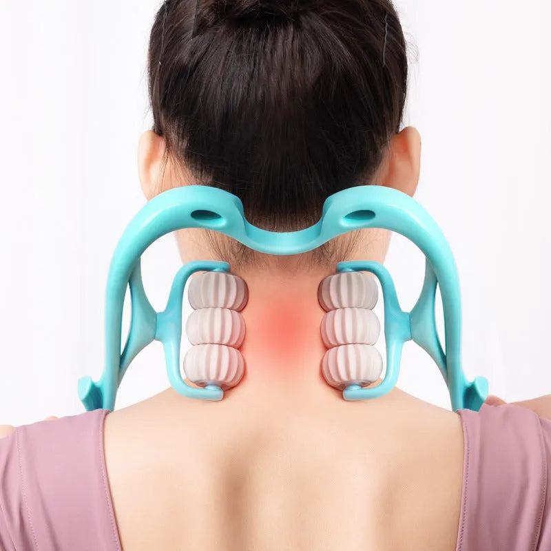 Blue plastic manual massager with six rolling wheels for neck, shoulder and back tension.