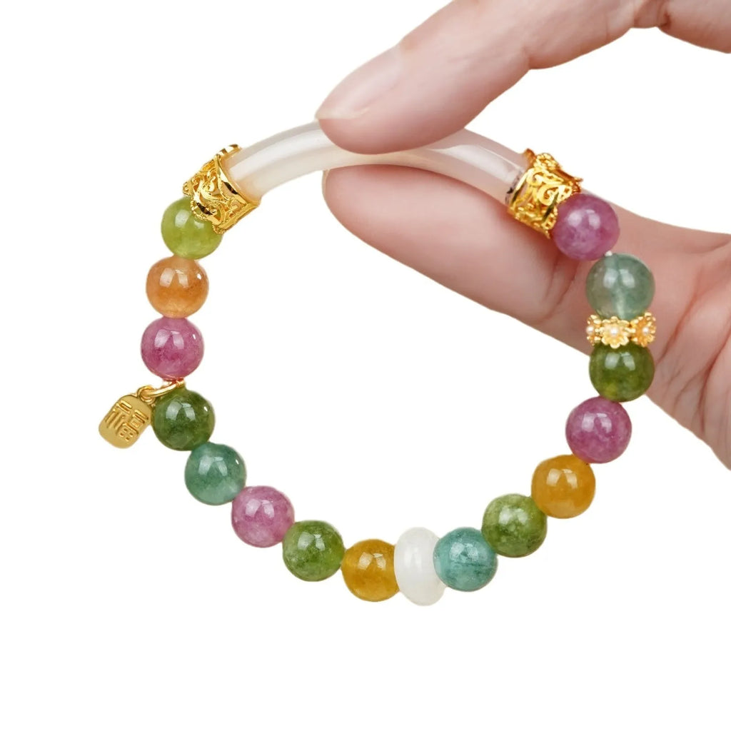Rainbow colour tourmaline half bracelet for women with electroplated finish