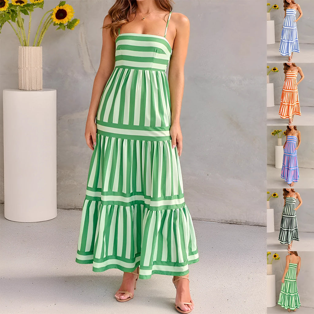 Women's striped backless suspender long dress with square neckline and pockets.