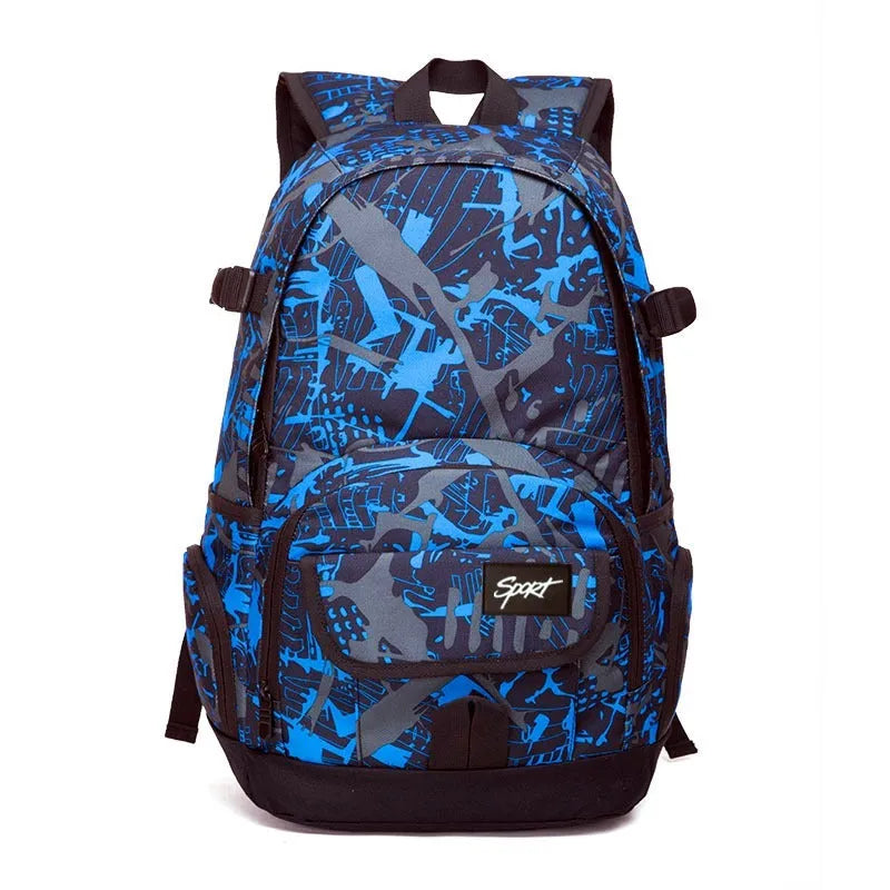 Blue and red classic nylon backpack with large main compartment for school, travel, and outdoor use