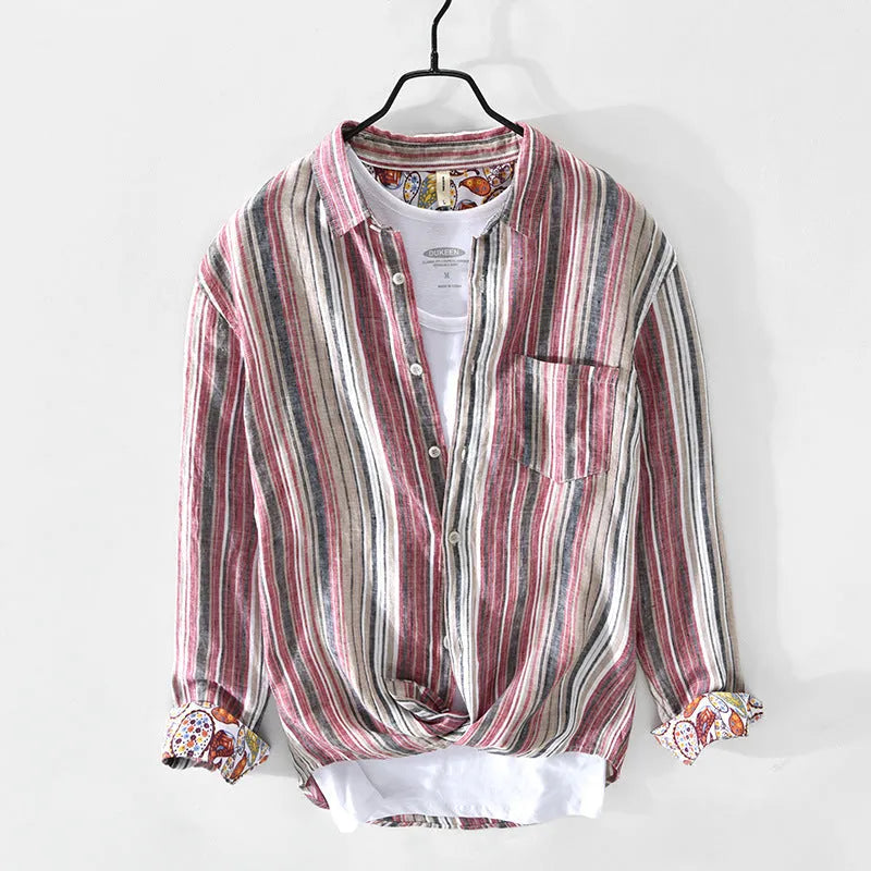 Men's linen striped shirt in red or grey with long sleeves and loose casual fit