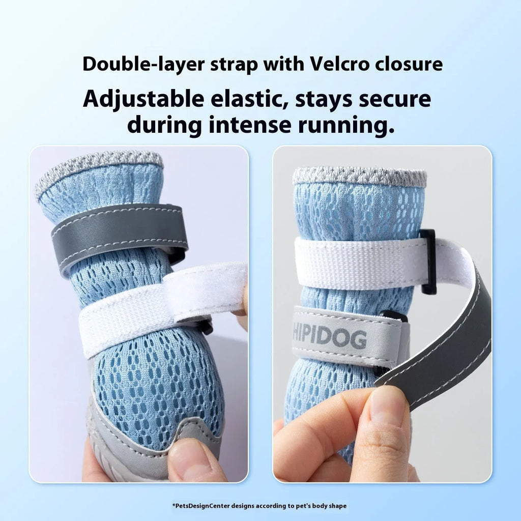 Cartoon-style blue and green PU dog shoes for summer, showing breathable anti-scald design